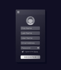Register form, mobile ui design, dark theme