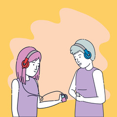 young couple friends listen music with player