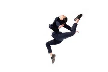 Foto op Canvas graceful businesswoman in formal wear jumping in dance isolated on white © LIGHTFIELD STUDIOS