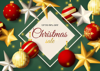 Christmas Sale lettering in frame with baubles and stars. Christmas sale advertising design. Handwritten and typed text, calligraphy. For leaflets, brochures, invitations, posters or banners.