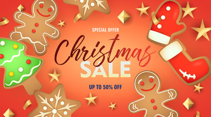 Christmas Sale lettering with gingerbread cookies. Christmas sale advertising design. Handwritten and typed text, calligraphy. For leaflets, brochures, invitations, posters or banners.