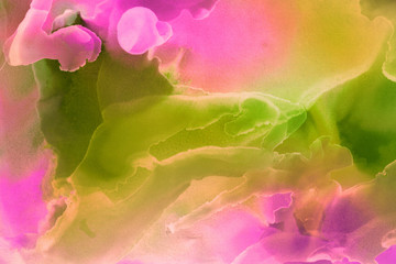 Colorful hand painted alcohol ink background. Abstract delicate texture. Contemporary wallpaper.