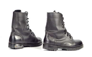 Black Leather combat boot or Army Boots on white.