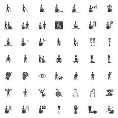 Disabled vector icons set, modern solid symbol collection, filled style pictogram pack. Signs, logo illustration. Set includes icons as disabled man with walker, handicapped patient, wheelchair ramp