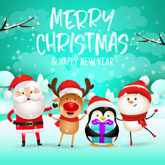 Merry Christmas and Happy New Year lettering, reindeer, snowman. Christmas greeting card. Handwritten and typed text, calligraphy. For leaflets, brochures, invitations, posters or banners.