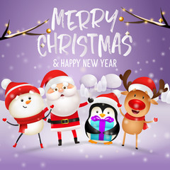 Merry Christmas lettering, Santa Claus, snowman, penguin, gift. Christmas greeting card. Handwritten and typed text, calligraphy. For leaflets, brochures, invitations, posters or banners.