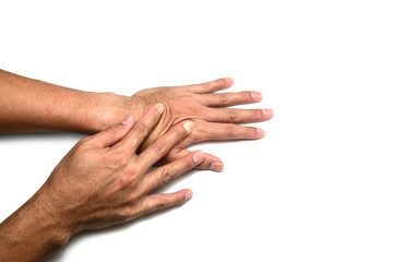 Skin elasticity check. the right hand  push the skin on the back of left hand