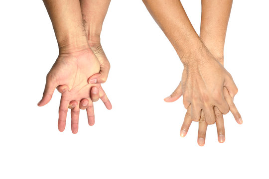 adult hands showing the example how to doing PCR with back hand side and fore hand side to help the unconscious patient on white background isolated
