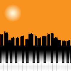 Night city Silhouette with Moon on The Piano keyboard , happy halloween concept