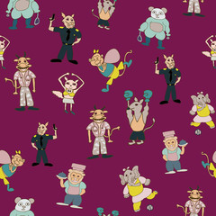 Vector maroon fun anthromorphic cartoon characters seamless pattern background