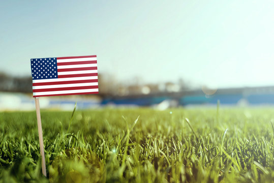 Miniature stick United States flag on green grass, close up sunny field. Stadium background, copy space for text.