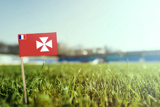 Miniature stick Wallis And Futuna flag on green grass, close up sunny field. Stadium background, copy space for text. - Powered by Adobe