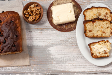 Barmbrack or bairin breac is a traditional Irish sweet yeast bread with grapes and raisins, often eaten with afternoon tea butter and traditionally served on Halloween.