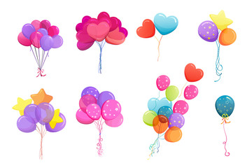 Balloon bunches vector illustrations set. Colorful birthday helium balloons design elements collection. Isolated flat vector illustration on white background. © PCH.Vector