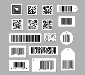 Barcode and QR code vector illustrations set. Various digital bar codes labels and tags design elements collection. Isolated flat vector illustration on grey background.
