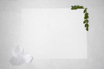 Flat lay white wedding card with petals