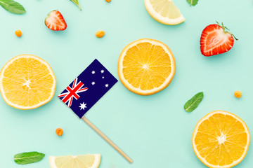 Australia Paper Stick Flag. National summer fruits concept, local food market. Vegetarian theme.