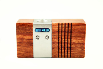 Vaping mod in wooden box isolated in white background