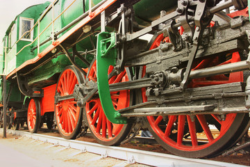 Train close up. Wheels of the train. The old train