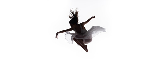 panoramic shot of beautiful ballerina dancing isolated on white © LIGHTFIELD STUDIOS