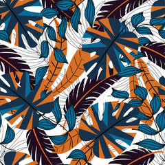 Vector seamless background design in tropical style. Hawaiian exotic. Summer print. Fashion style, printing, fabric, textile. Ornament with tropical leaves and plants.