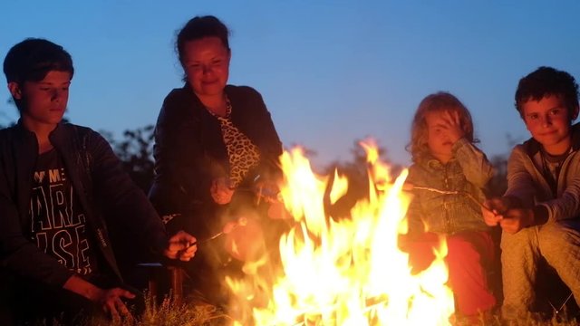 mother with daughter and two sons sitting at the bonfire, and roast meat sausages impaled on the tip of thin branches. the girl and the boy turn away from the smoke. Evening Shot of the picnic