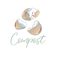 Eggshell to compost. Organic waste theme. Illustration for home food processing and compost, organic waste, zero waste, environmental problem. 