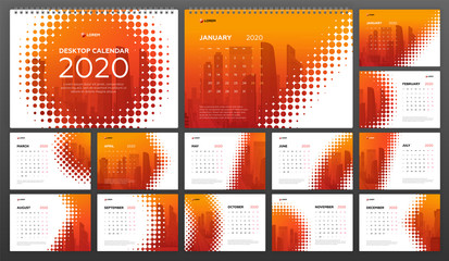 Desk Calendar 2020 template for business. Week starts on Monday. Set of 12 calendar pages designs print layout. Wall calendar planner templates. Powerpoint presentation template.