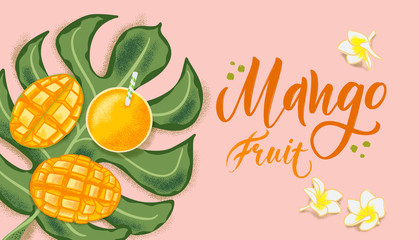 Hand drawn textured mango, flowers and leafs on coral background.  Colorful vector flat lay food illustration for healthy food cafe, restaurant, fruits and grocery market