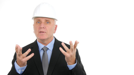 Image with Engineer Talking and Gesturing in a Business Meeting