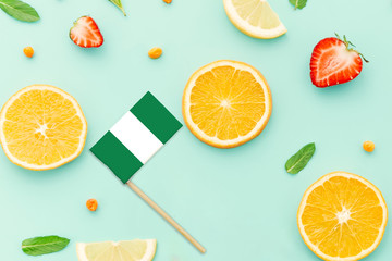 Nigeria Paper Stick Flag. National summer fruits concept, local food market. Vegetarian theme.