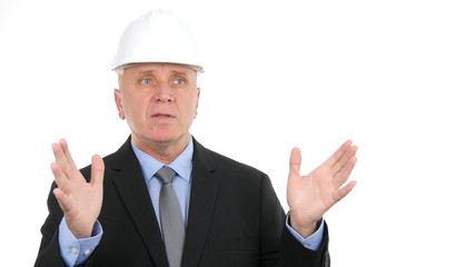 Image with Engineer Talking and Gesturing in a Business Meeting