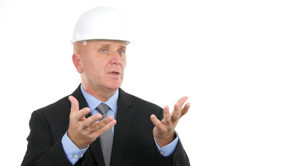 Image with Engineer Talking and Gesturing in a Business Meeting