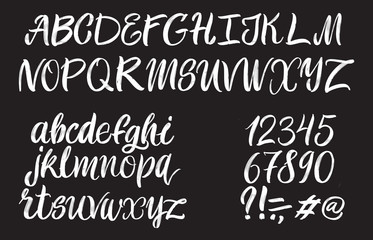 Hand drawn typeface on black background. Painted vector characters: lowercase and uppercase. Typography alphabet for your designs: logo, typeface, card, poster
