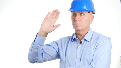 Image with Serious Engineer Making a Hello Hand Gestures