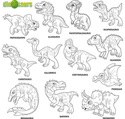 cartoon cute prehistoric dinosaurs, coloring book, image set
