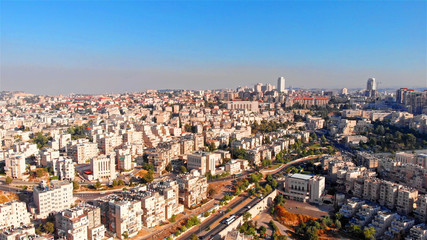 Fototapeta na wymiar Jerusalem Center Aerial View Drone shot over center of Jerusalem Israel