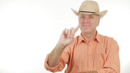 Image with Farmer Smiling and Making No Finger Sign
