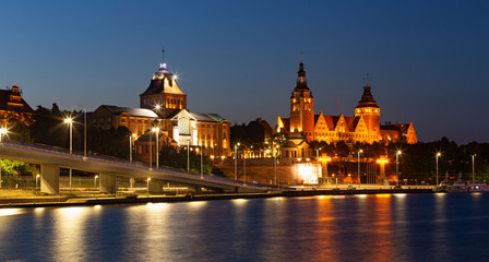 Szczecin. Night view from across the river to the illuminated historic center.