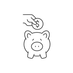 Putting coin in piggy bank on white background