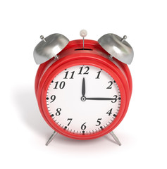 Red alarm clock, white background. 3d rendering