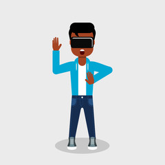 Young African American in jeans and sweatshirt is looking through virtual reality glasses looking scared. Boy using augmented reality device. Vector illustration, flat style