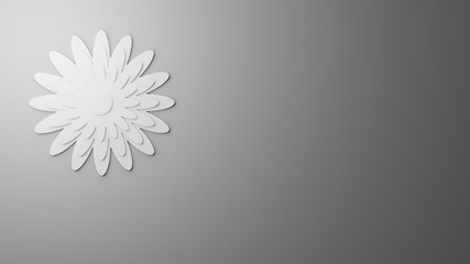 3D rendered computer generated image of white paper cutting flower art on gray concrete texture background, copy space