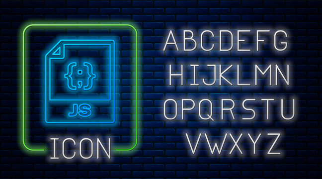 Glowing neon JS file document. Download js button icon isolated on brick wall background. JS file symbol. Neon light alphabet. Vector Illustration