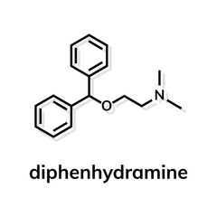 Diphenhydramine chemical formula on white background