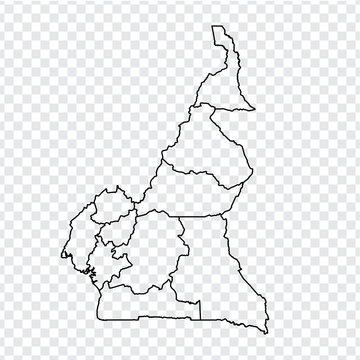 Blank map Republic of Cameroon. High quality map of  Cameroon with provinces on transparent background for your web site design, logo, app, UI. Stock vector.  EPS10. 
