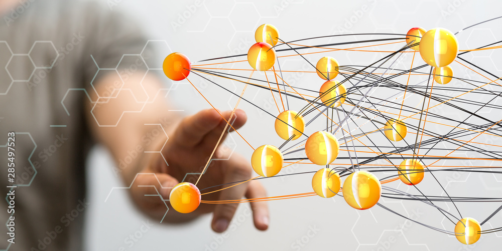 Poster Businessman touching global network and data exchanges over the world 3D rendering