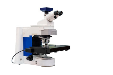 modern & high accuracy microscope during sample or specimen inspection for quality control in industrial metallurgy electronic science etc of laboratory isolated on white with clipping path