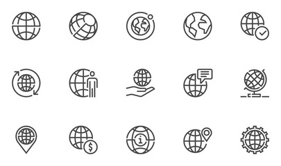 Globe vector line icons set. World map, global business, international communication. Editable stroke. 48x48 Pixel Perfect.