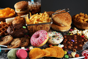 Unhealthy products. food bad for figure, skin, heart and teeth.